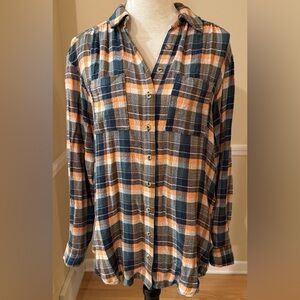 🌲 Pilcro (Anthropologie) NWT Plaid Button Down Top XS Soft Orange Green & Navy